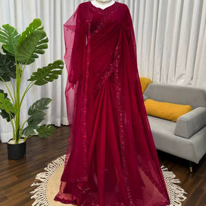 Sari de Georgette Color Granate para Mujer, Diseño de Diseñador, con Dupatta y Bordado con Lentejuelas - Product Image 1