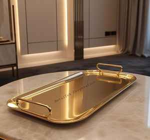Plateaux de service rectangulaires plaqués or d'acier inoxydable pour des hôtels de restaurant de luxe plateau plateau de service de casse-croûte de nourriture avec des poignées - Product Image 1