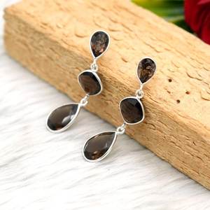 925 argent Sterling boucle d'oreille goujon fait à la main à la mode naturel Quartz fumé pierre précieuse pour son cadeau de bijoux en argent - Product Image 1