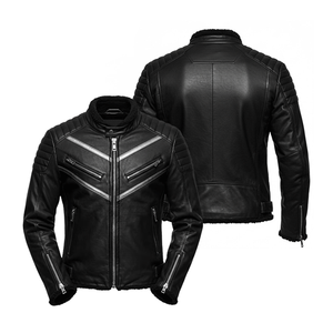 แจ็กเก็ตมอเตอร์ไซด์หนังแกะสีดำกันลมสำหรับนักขี่จักรยานลายสีเงินพร้อมเกราะป้องกันด้านใน - Product Image 4