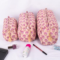 Trousse de Maquillage de Voyage Personnalisable en Coton, Grande, Durable, Écologique, Imperméable, à Fermeture Éclair, Motif Pêche Vintage, Faite à la Main en Inde