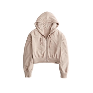 Sudadera con capucha corta de alta calidad para mujer, estilo casual, con etiqueta personalizada, hombros caídos, cierre de cremallera y corte cropped. - Product Image 3
