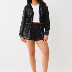 New Winter Solid Long Logo Cotton Acid Wash <b>Hoodie</b> Short Set <b>Women</b> Breathable Two Piece Set <b>for</b> Gym Fitness Wear - Product Image 5