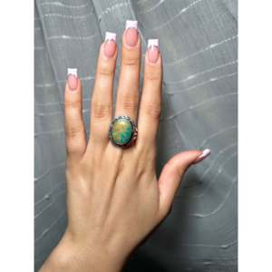 Navajo Handmade Fox <b>Turquoise</b> & Sterling Silver <b>Ring</b> Stainless Steel Fashion <b>Ring</b> with Oval Cut Diamond Size 10 Bezel Setting - Product Image 5
