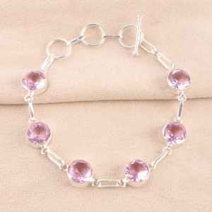 Pulsera de eslabones de Plata de Ley 925 con piedras preciosas de kunzita rosa para mujer, conjunto de bisel redondo, regalo de joyería hecho a mano a precio mayorista - Product Image 1