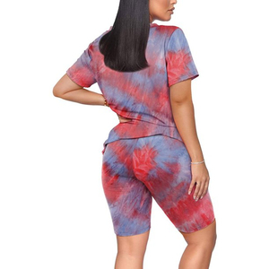 Conjunto informal de 2 piezas de moda para mujer, Camiseta con cuello redondo y serigrafía a Color personalizada, pantalones de retazos con patrón sólido por encima de la rodilla, manga corta - Product Image 2