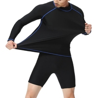 Camiseta de Compresión Negra para Hombre, Cuello Redondo, Manga Larga, Costuras en Contraste Azules, Protección Solar UPF50+, Diseño Personalizable