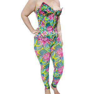 <b>Sexy</b> Tropical Floral Print <b>Womens</b> Two Piece Set Steel Boned Overbust Corset <b>Top</b> and High Waist Slim Leggings Matching Set - Product Image 5