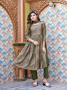 Tendance Style moderne vêtements de mariage et de fête Premium Chanderi feuille impression lourde broderie travail Kurti pantalon avec Dupatta vente en gros - Product Image 4