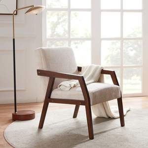 Mid-Century Modern <b>Accent</b> Lounge <b>Chair</b> with Solid Wood Armrest and Linen Upholstery - Product Image 1