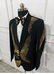 Costume brodé noir et or pour homme Costume de mariage élégant pour marié Tuxedo Prom Blazer Set - Product Image 5