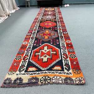 Turkish <b>Runner</b> Rug, 2.8x12.5 ft Vintage Rug, <b>Red</b> Patchwork Wool Rug - Product Image 1
