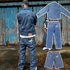 ORM Conjunto de chaqueta vaquera informal de moda de otoño para hombre Patrón bordado Algodón High Street Jeans transpirables Traje de mezclilla para hombre - Product Image 3