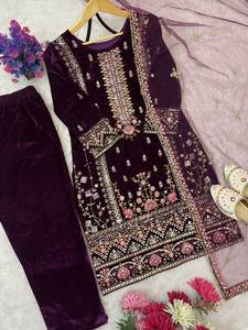 Women Embroidered Kurti Pant Dupatta Set Purple Ethnic Wear Ladies Designer Suit - Product Image 5