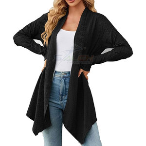 Cárdigan con parte delantera drapeada para mujer con tela elástica y cárdigan de moda de ajuste cómodo con aberturas laterales y silueta suelta - Product Image 1