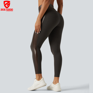 Leggings de sport en similicuir avec logo personnalisé, haute qualité, compression, polyester, élasthanne, taille haute, poche zippée - Product Image 3