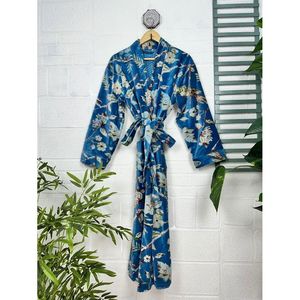 Bata de terciopelo de lujo unisex, estilo kimono, reversible, con forro de seda, para otoño/invierno, elegante, color verde Ikat Malibu azulado, talla XL, suave, para el hogar. - Product Image 1