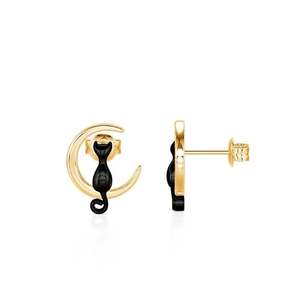 Boucles d'oreilles clous Jeulia Black Cat Moon Gold - Adorables boucles d'oreilles créoles religieuses avec zircon, perle et diamant - Product Image 2