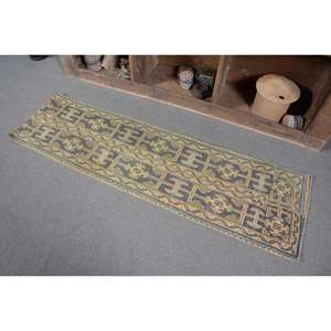 Tapis Turc Vintage 1.6 X 5.6ft Bleu Vert Patchwork Design Fait Main Laine Latex de Haute Qualité pour Salon Rectangle Couloir - Product Image 3