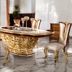 Ensemble de table à manger de luxe européen royal 5 pièces en bois d'acajou avec plateau en marbre et sculptures en feuille d'or, design moderne du milieu du siècle, pour la maison et l'hôtel - Product Image 4