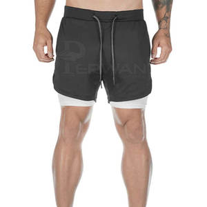 Men's High Street Style Double-<b>Layer</b> Gym Shorts Comfortable <b>Mid</b>-Waist Solid Pattern Latest Design Made of Cotton Polyester - Product Image 1