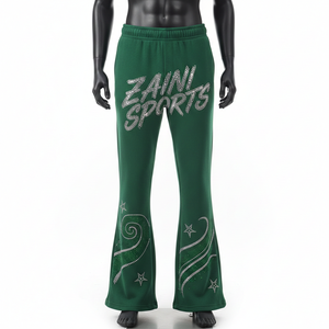 Pantalones Acampanados de Felpa de Algodón y Poliéster Premium, Verde Oscuro, Tela Suave y Cálida, con Pedrería Termoadhesiva y Logotipo Personalizado - Product Image 1