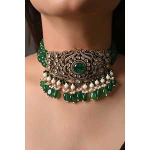 Ensemble de collier de mariée ras de cou en diamant américain avec pierre verte bijoux de mode avec boucles d'oreilles - Product Image 4