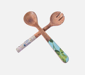 Juego de Ensaladera Artesanal de Madera de Mango Natural con Asas de Esmalte con Patrones Florales Decorativos y Abstractos, Incluye Plato Redondo - Product Image 3