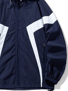 Custom Quality <b>Men</b> Hooded Windbreaker <b>Jacket</b> Navy Blue <b>White</b> Stripe Sporty Style Zipper Closure Loose Fit Autumn Outdoor Wear - Product Image 3