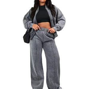 Survêtement personnalisé à fermeture éclair intégrale et pantalon évasé, nouveau style, 100% coton, molleton lourd 400 g/m² pour femmes - Product Image 1