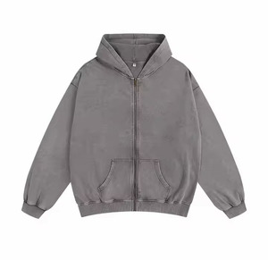 Venta al por mayor personalizado Puff en blanco de gran tamaño Vintage ácido lavado Zip Hoodie Sin cordón doble cremallera Sun Faded Zip up Hoodie - Product Image 6