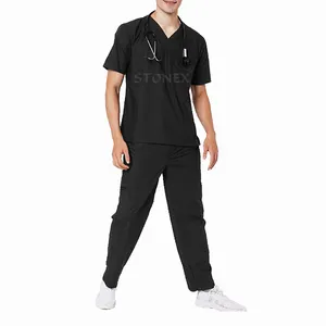 Дышащие мужские костюмы черного цвета с V-образным вырезом, простые больничные хирургические лечебные костюмы с карманами