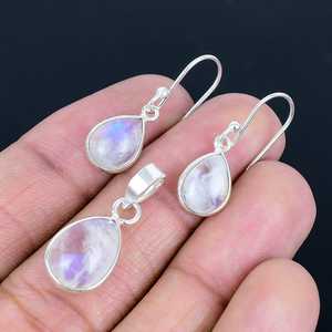 Pierre de lune arc-en-ciel naturelle 925 argent fait à la main Designer personnalisé boucle d'oreille pendentif ensemble de bijoux fins pour les femmes en gros - Product Image 3