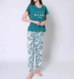 Pijamas Casuales de Moda para Mujer, Suministro ODM, Estampado Floral, 100% Algodón, Tela Jersey Suave y Lisa, Cierre Elástico en la Cintura para Verano - Product Image 1
