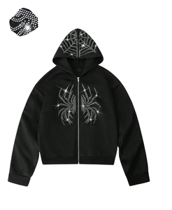 Sweat à capuche d'hiver unisexe de haute qualité personnalisé tendance Bling noir avec strass Full Zip Thermal Fleece 100% Cotton Service OEM - Product Image 2