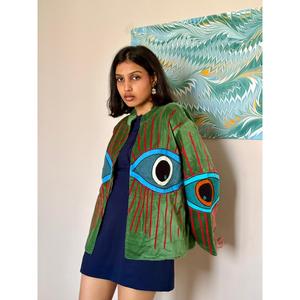 Reversible Kantha Evil Eye Velvet <b>Jacket</b> for Ladies Quilted Embroidered <b>Leather</b> Coat Autumn/<b>Winter</b> Boho Style - Product Image 4
