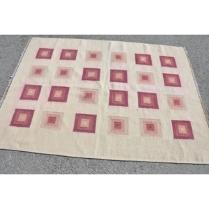 Tapis vintage 4,4 x 6,1 pieds, tapis turc en laine blanc et rose à pois - Product Image 3