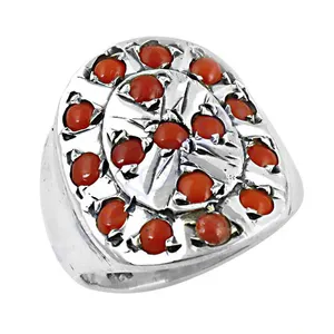 Vintage <b>925</b> <b>Silver</b> Cocktail <b>Ring</b> with Coral Stones Cross Pattern Bezel Setting Women's Jewelry - Product Image 3