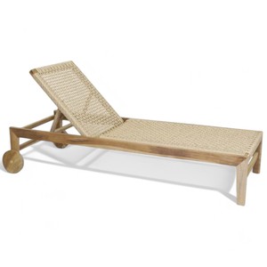 Chaise longue d'extérieur en bois massif naturel Siège en rotin synthétique Lit de jardin inclinable en bois de teck Vente en gros Hôtels Parcs Villas - Product Image 1