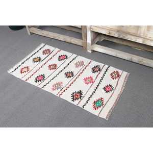 Tapis Kilim turc vintage 1,7x3,37 pi (52x103 cm), tapis oriental en laine blanche - Product Image 4