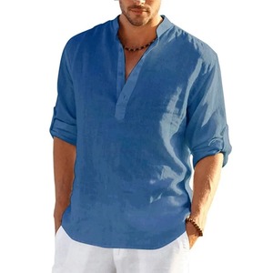 Nouveau T-shirt à manches longues en lin pour homme, couleur unie, ample, T-shirt à manches longues en coton et lin, chemise à manches longues, chemises grandes tailles pour homme - Product Image 4