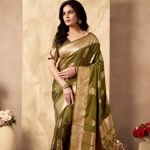 Saree en soie tissée pure de créateur avec tissage Zari Tenue de fête de mariage traditionnelle indienne et pakistanaise pour femmes - Product Image 1