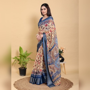 Nuevo Sari Artístico de Lino y Algodón Color Beige Azul Pavo Real GG-611, Tejido Jacquard Beige Crema Claro, Atractivo y Cómodo - Product Image 2