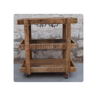 Chariot-bar rustique en bois de style ancien, design moderne, en bois de manguier avec roulettes, multifonctionnel pour usage intérieur (cuisine, salle de bain, parc)