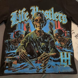 Camiseta Negra para Hombre con Estampado de Calavera Life Hustlers, Manga Corta, Estilo Urbano, Cuello Redondo, Algodón Jersey, Corte Regular - Product Image 6