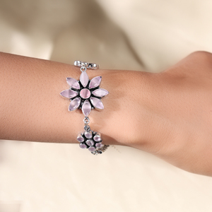 Bracelet en argent antique oxydé avec pierre précieuse en quartz rose pour femmes - Product Image 1