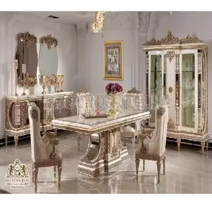 Britse Barokke Stijl Gesneden Eettafel Set Koninklijke Look Ivoor Goud Gepolijst Eetkamer Set Luxe Hand Gesneden Eetmeubilair
