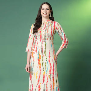 Conjuntos de Kurta Étnicos de Rayón Pesado de Calidad de Exportación India con Estampado Tie-Dye Multicolor, Cuello en V, Mangas Tres Cuartos, Lavables a Máquina para Verano - Product Image 1