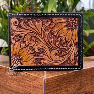 กระเป๋าสตางค์หนังแท้สไตล์วินเทจสำหรับผู้ชาย, กระเป๋าสตางค์หนังแท้ลายดอกทานตะวันดีไซน์แบบพับสองชั้น - Product Image 1