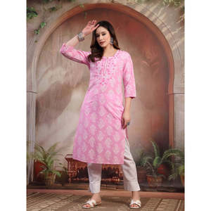 Kurta Rosa de Algodón Bordado para Mujer, Transpirable, Largo hasta la Rodilla, Estilo Ejecutivo, Diseño Personalizado, Vestido Moderno para el Día - Product Image 2